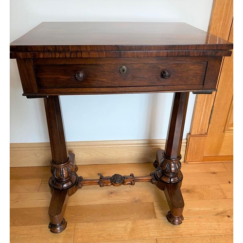 32 - A WILLIAM IV ROSEWOOD SIDE TABLE, with draughts board inlaid to interior, one drawer, supported by d... 