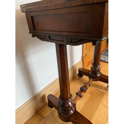 32 - A WILLIAM IV ROSEWOOD SIDE TABLE, with draughts board inlaid to interior, one drawer, supported by d... 