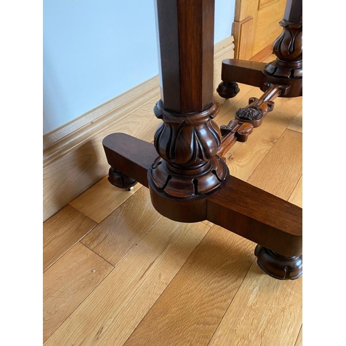 32 - A WILLIAM IV ROSEWOOD SIDE TABLE, with draughts board inlaid to interior, one drawer, supported by d... 