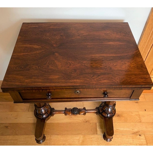 32 - A WILLIAM IV ROSEWOOD SIDE TABLE, with draughts board inlaid to interior, one drawer, supported by d... 