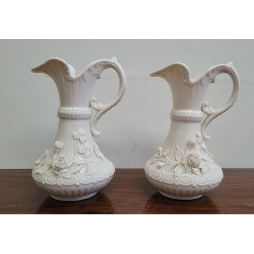 322 - A PAIR OF BELLEEK FLORAL & SHAMROCK DECORATED EWER SHAPED JUGS / VASES, beautiful delicate porcelain... 