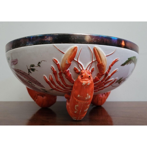 329 - A 19TH CENTURY WEDGEWOOD LOBSTER BOWL, with silver plated rim, the interior of the bowl decorated wi... 