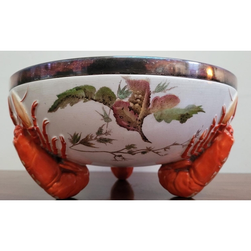 329 - A 19TH CENTURY WEDGEWOOD LOBSTER BOWL, with silver plated rim, the interior of the bowl decorated wi... 