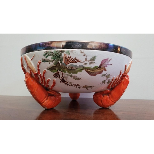 329 - A 19TH CENTURY WEDGEWOOD LOBSTER BOWL, with silver plated rim, the interior of the bowl decorated wi... 