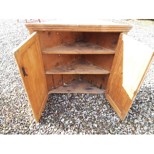 331 - A VICTORIAN PINE HANGING CORNER CABINET, with fluted cornice above panelled doors with porcelain kno... 