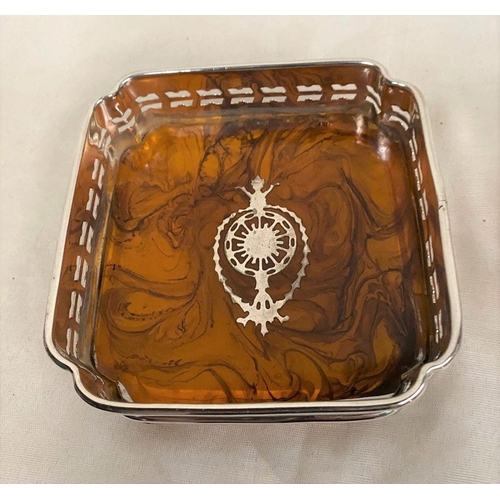 34 - A PAIR OF SILVER PLATED SQUARE SHAPED WINE COASTERS, with inlaid tortoiseshell base, pierced design ... 