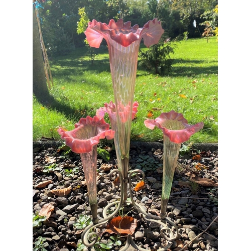 39 - AN EXCELLENT VICTORIAN RUBY GLASS EPERGNE, with scrolling silver plated base supporting three horns ... 