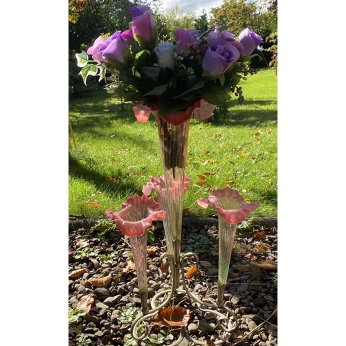 39 - AN EXCELLENT VICTORIAN RUBY GLASS EPERGNE, with scrolling silver plated base supporting three horns ... 