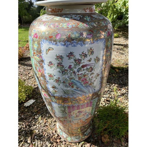 4 - AN EXCEPTIONAL PAIR OF LARGE FAMILLE ROSE CHINESE URN/PALACE VASES, finely decorated with painted fi... 