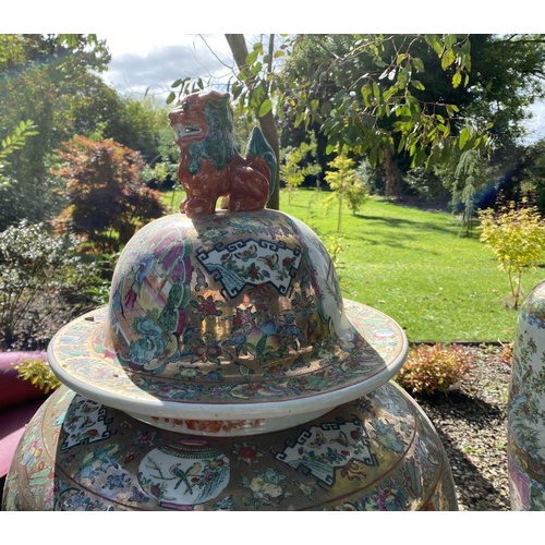 4 - AN EXCEPTIONAL PAIR OF LARGE FAMILLE ROSE CHINESE URN/PALACE VASES, finely decorated with painted fi... 