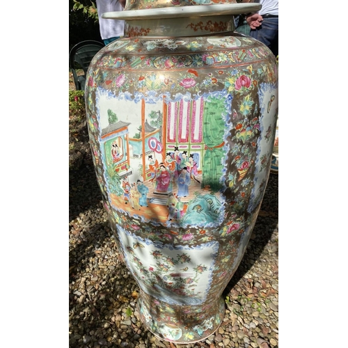 4 - AN EXCEPTIONAL PAIR OF LARGE FAMILLE ROSE CHINESE URN/PALACE VASES, finely decorated with painted fi... 