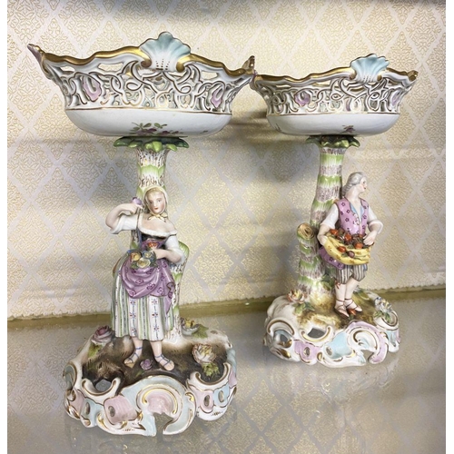 45 - A PAIR OF VINTAGE MEISSEN PORCELAIN FIGURAL CENTREPIECES, with lady and gentleman in traditional dre... 