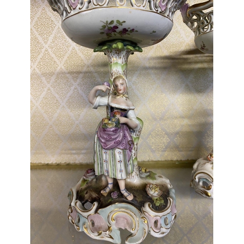 45 - A PAIR OF VINTAGE MEISSEN PORCELAIN FIGURAL CENTREPIECES, with lady and gentleman in traditional dre... 