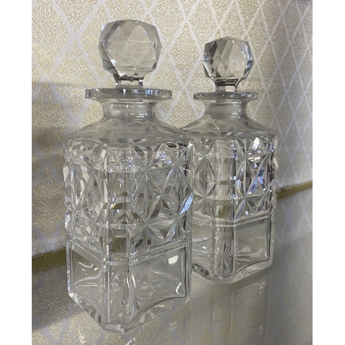 49 - A 19TH CENTURY TANTULUS WITH PAIR OF CRYSTAL DECANTERS, two diamond cut decanters with globe cut sto... 