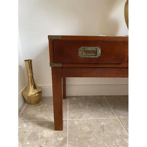 5 - A WONDERFUL MAHOGANY HALL TABLE WITH MATCHING MIRROR, mirror rectangular form, both with brass mount... 