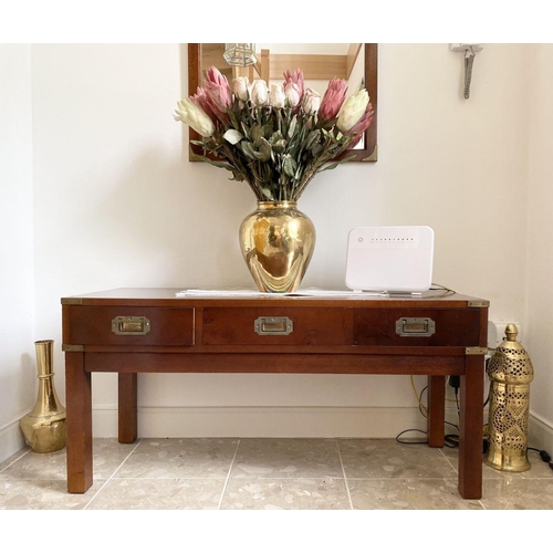 5 - A WONDERFUL MAHOGANY HALL TABLE WITH MATCHING MIRROR, mirror rectangular form, both with brass mount... 