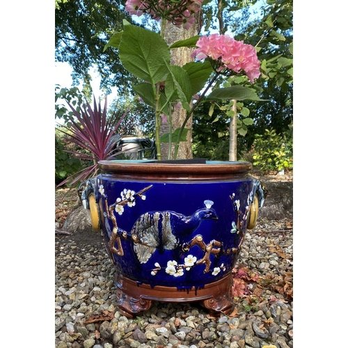 51 - AN EXCELLENT MAJOLICA POTTERY CACHE PLANTER, by Joseph Holdcroft, finely decorated with rich embosse... 