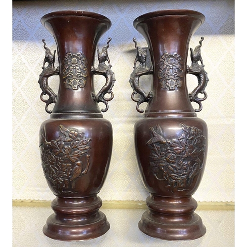 54 - AN ANTIQUE PAIR OF BRONZE CHINESE VASES, late 19th Century, baluster form, finely decorated with rel... 