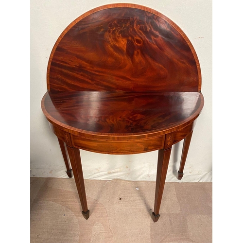 55 - A REGENCY MAHOGANY ROSEWOOD CROSSBANDED HALF MOON CARD TABLE, with crossbanding to top, inlay to fri... 