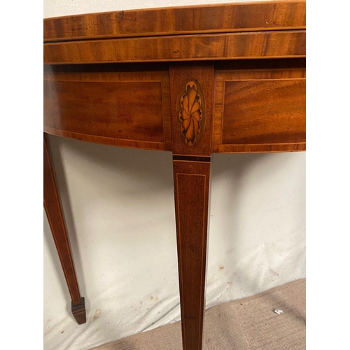 55 - A REGENCY MAHOGANY ROSEWOOD CROSSBANDED HALF MOON CARD TABLE, with crossbanding to top, inlay to fri... 