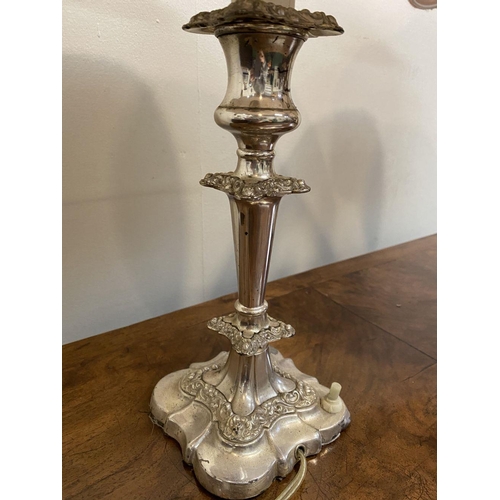 59 - A PAIR OF FINE SILVER PLATED TABLE LAMPS, turned column supports with floral scrolling decoration, s... 