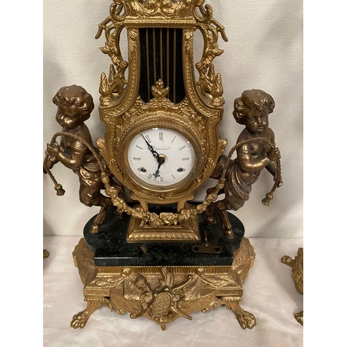 6 - AN IMPERIAL BREVETTATO BRASS AND MARBLE FRANZ HERMLE CLOCK AND CANDLEABRAS, clock with ornate design... 