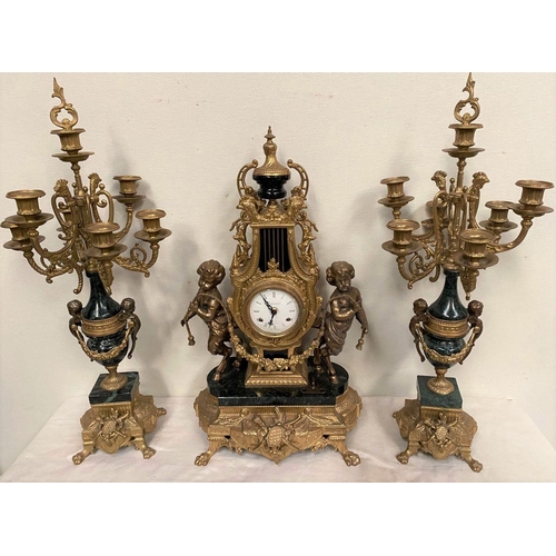 6 - AN IMPERIAL BREVETTATO BRASS AND MARBLE FRANZ HERMLE CLOCK AND CANDLEABRAS, clock with ornate design... 