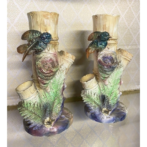 60 - A PAIR OF VINTAGE RADFORDS CROWN CHINA VASES, in the form of tree trunks with birds, nests and folia... 