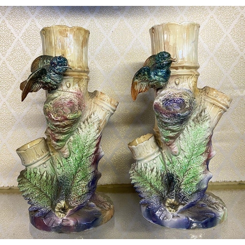 60 - A PAIR OF VINTAGE RADFORDS CROWN CHINA VASES, in the form of tree trunks with birds, nests and folia... 