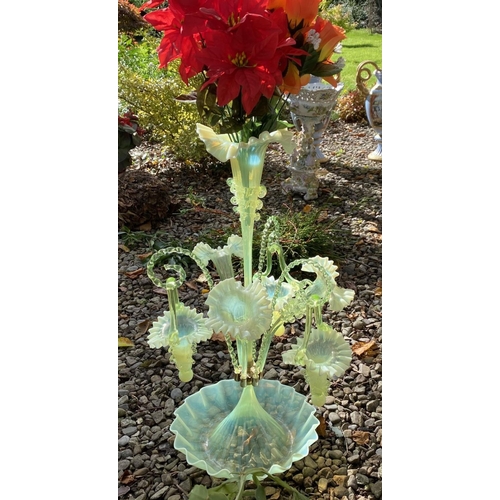 62 - A WONDERFUL VICTORIAN GLASS EPERGNE, with ruffled base supporting three horns and three hanging bask... 