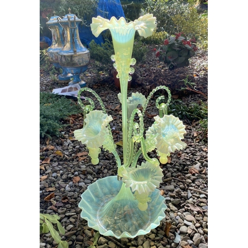 62 - A WONDERFUL VICTORIAN GLASS EPERGNE, with ruffled base supporting three horns and three hanging bask... 