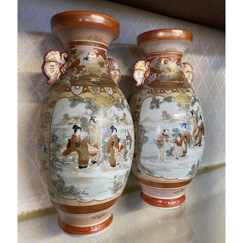 69 - A PAIR OF EXCELLENT ANTIQUE JAPANESE SATSUMA VASES, ovoid form with applier floral handles. Decorate... 