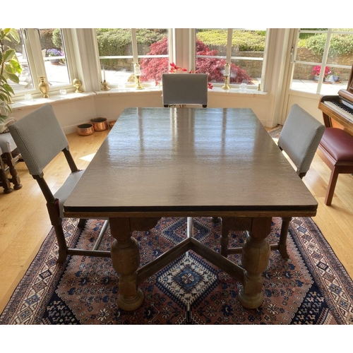 7 - A WONDERFUL SOLID OAK DINING TABLE ALONG WITH CHAIRS, table with turned legs, carving to frieze, tur... 