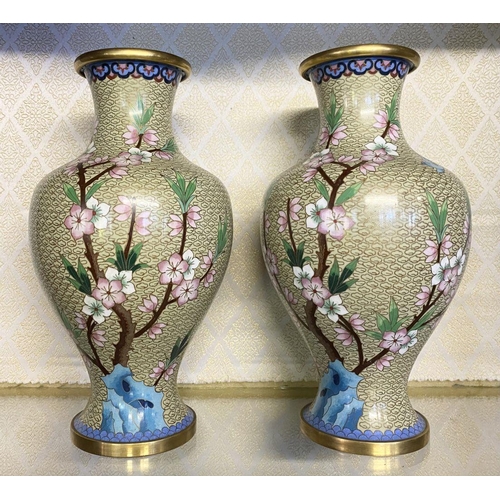 72 - A PAIR OF FINE CHINESE CLOISONNE VASES, baluster form, finely decorated with enamel inlay in traditi... 