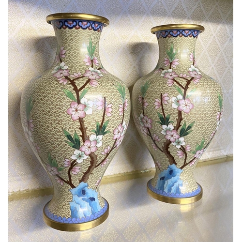 72 - A PAIR OF FINE CHINESE CLOISONNE VASES, baluster form, finely decorated with enamel inlay in traditi... 