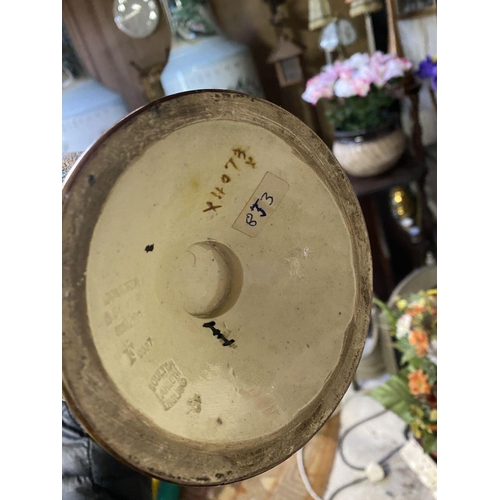 76 - A PAIR OF ROYAL DOULTON VASES, with painted blue neck and base, body decorated with white, gold and ... 