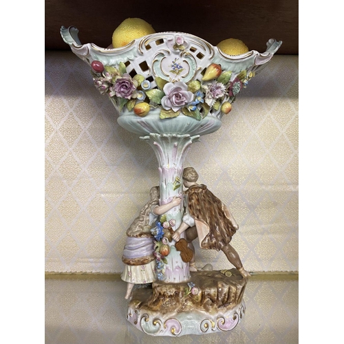 79 - AN ANTIQUE GERMAN PORCELAIN CENTREPIECE, ‘basket’ form compote top with pierced detail, flowers in r... 