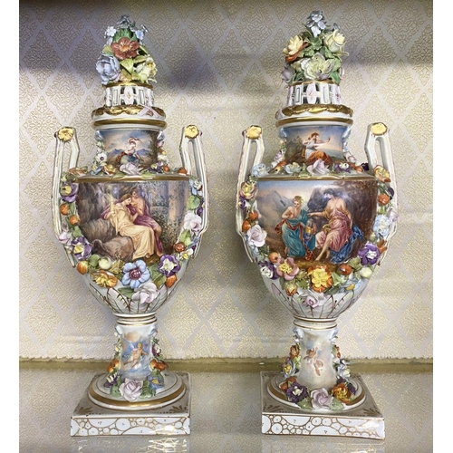 80 - A PAIR OF ORNATE MEISSEN PORCELAIN URN VASES ON PLYNTHS, classical urn form, finely decorated with p... 