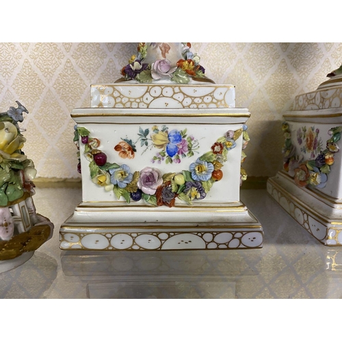 80 - A PAIR OF ORNATE MEISSEN PORCELAIN URN VASES ON PLYNTHS, classical urn form, finely decorated with p... 