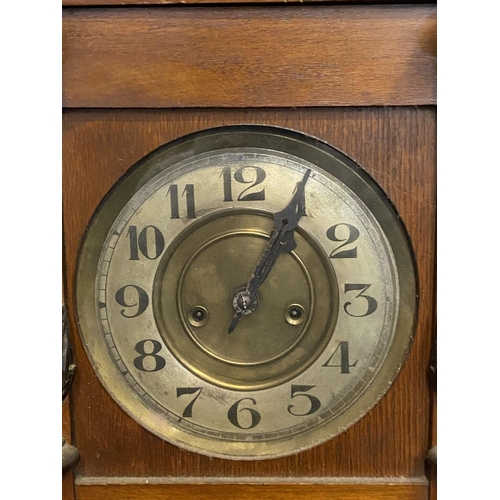 85 - AN ANTIQUE MAHOGANY WALL CLOCK, rectangular form, with carving to cornice, column carvings to either... 