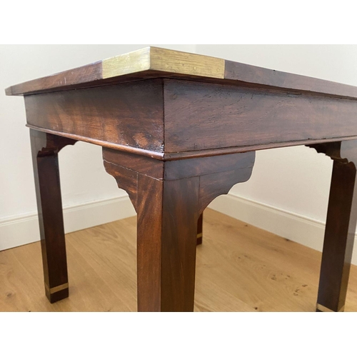 89 - A FINE ROSEWOOD INLAID SIDE TABLE, square top with brass inlay and mounts to corners, as well as bas... 