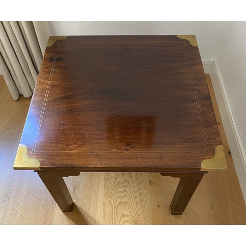 89 - A FINE ROSEWOOD INLAID SIDE TABLE, square top with brass inlay and mounts to corners, as well as bas... 