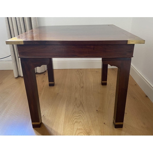 89 - A FINE ROSEWOOD INLAID SIDE TABLE, square top with brass inlay and mounts to corners, as well as bas... 