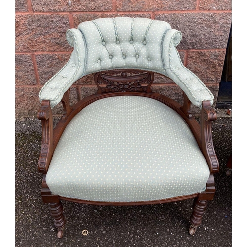 90 - A PAIR OF FINE VICTORIAN MAHOGANY ARMCHAIRS, upholstered with button back atop carved back splat, wi... 