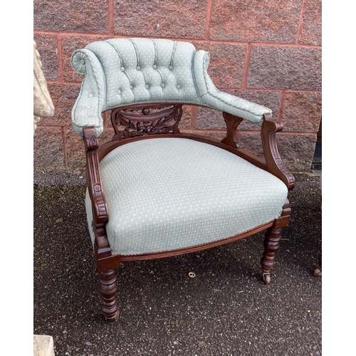 90 - A PAIR OF FINE VICTORIAN MAHOGANY ARMCHAIRS, upholstered with button back atop carved back splat, wi... 