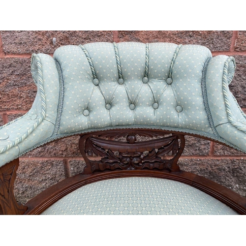 90 - A PAIR OF FINE VICTORIAN MAHOGANY ARMCHAIRS, upholstered with button back atop carved back splat, wi... 