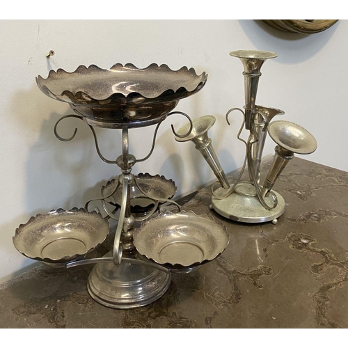 91 - A FINE SILVER PLATED EPERGNE, with three horns surrounding central vase, atop circular base with bal... 