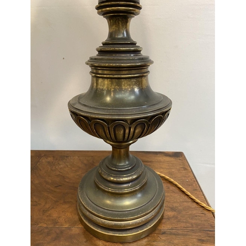 92 - A PAIR OF LARGE ORNATE BRASS TABLE LAMPS, with gilt decorative supports atop circular platform base,... 