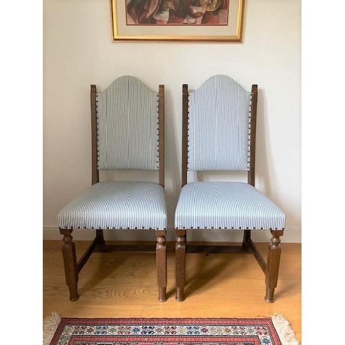 93 - A PAIR OF ANTIQUE SWEDISH UPHOLSTERED HALL CHAIRS, with turned legs supported by cross stretchers, s... 