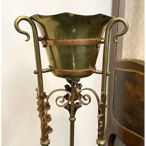 95 - A VICTORIAN BRASS WASH STAND, with decorative scroll and foliage design to legs, supported by finial... 